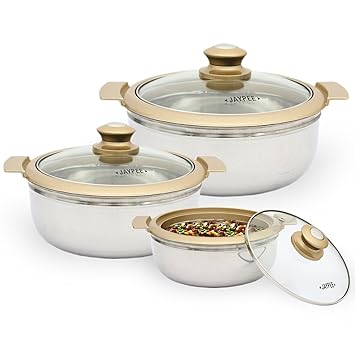 Jaypee Plus Metallica Neo Stainless Steel Casserole Set, 1 Litre, Set of 3, Gold