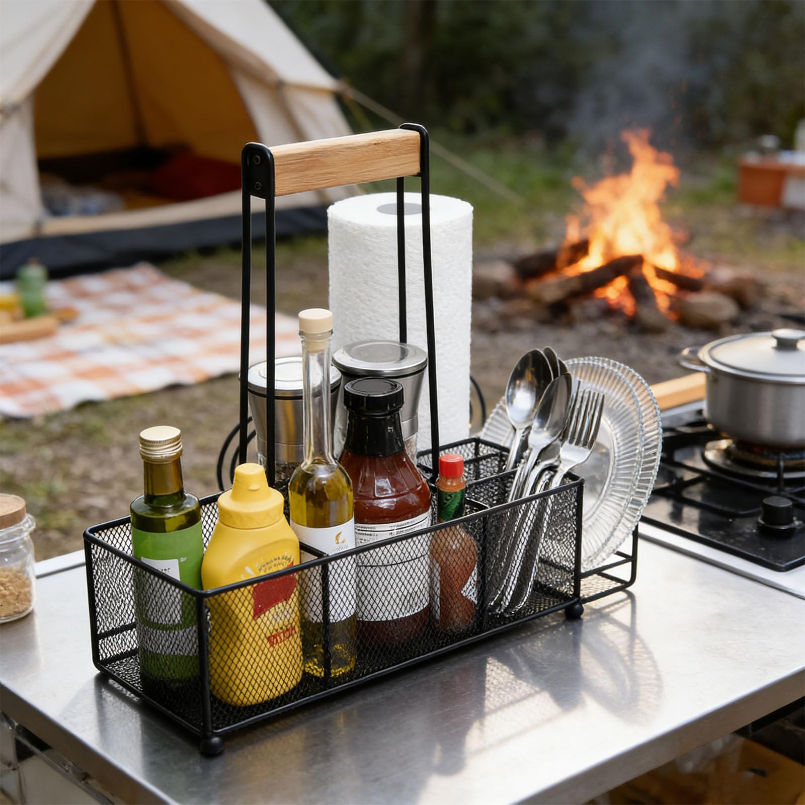 Mobile portaoggetti da campeggio in ferro e legno resistente, con 6 sezioni, per organizzare gli attrezzi del barbecue, stazione barbecue integrata