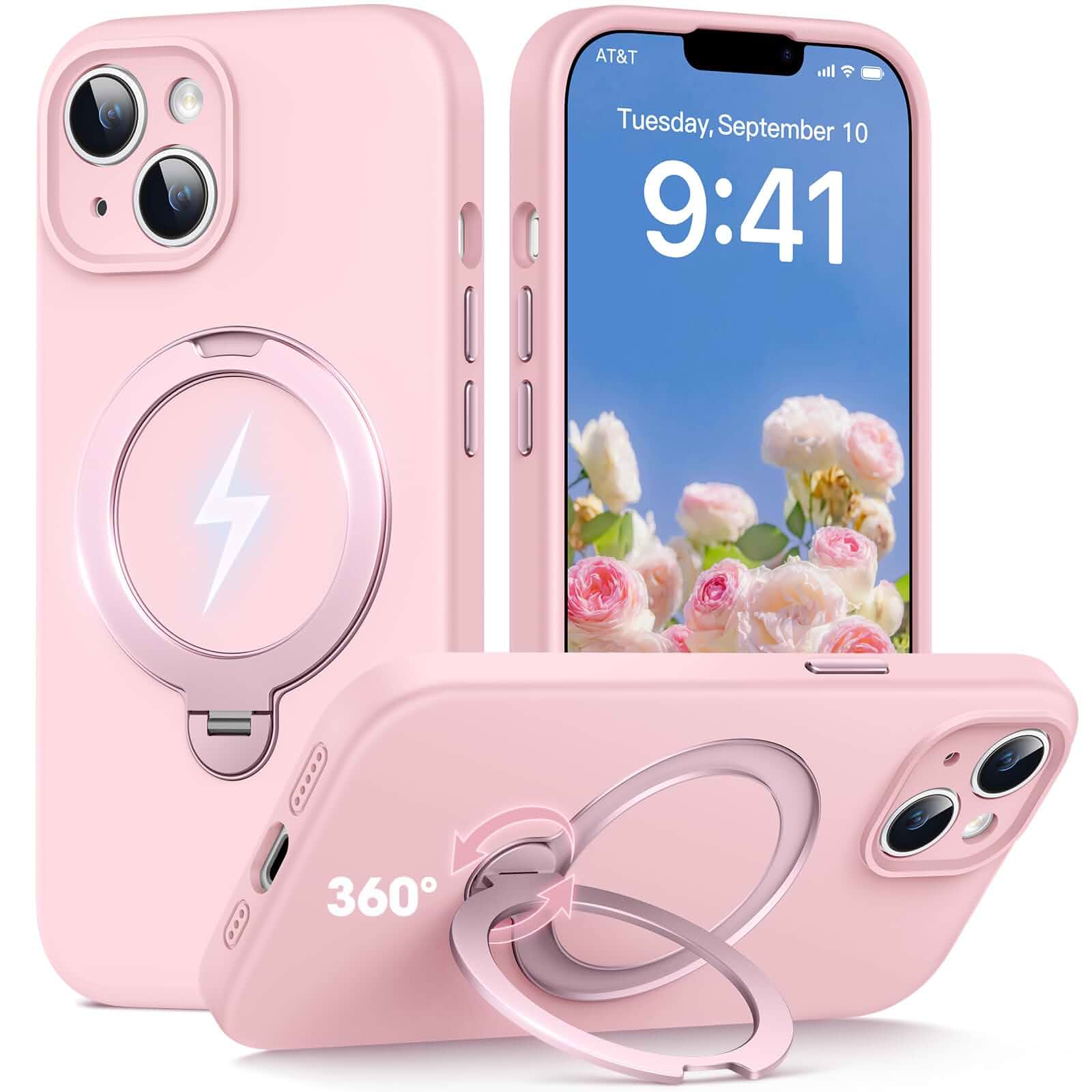 HuwaiH Silicone Case for iPhone 15 Magnetic Ring Stand, Pink 360° Rotating Strong Holder, Military-Grade Shockproof Phone Case, Full Protection Hands-Free Video Calls Car Mount