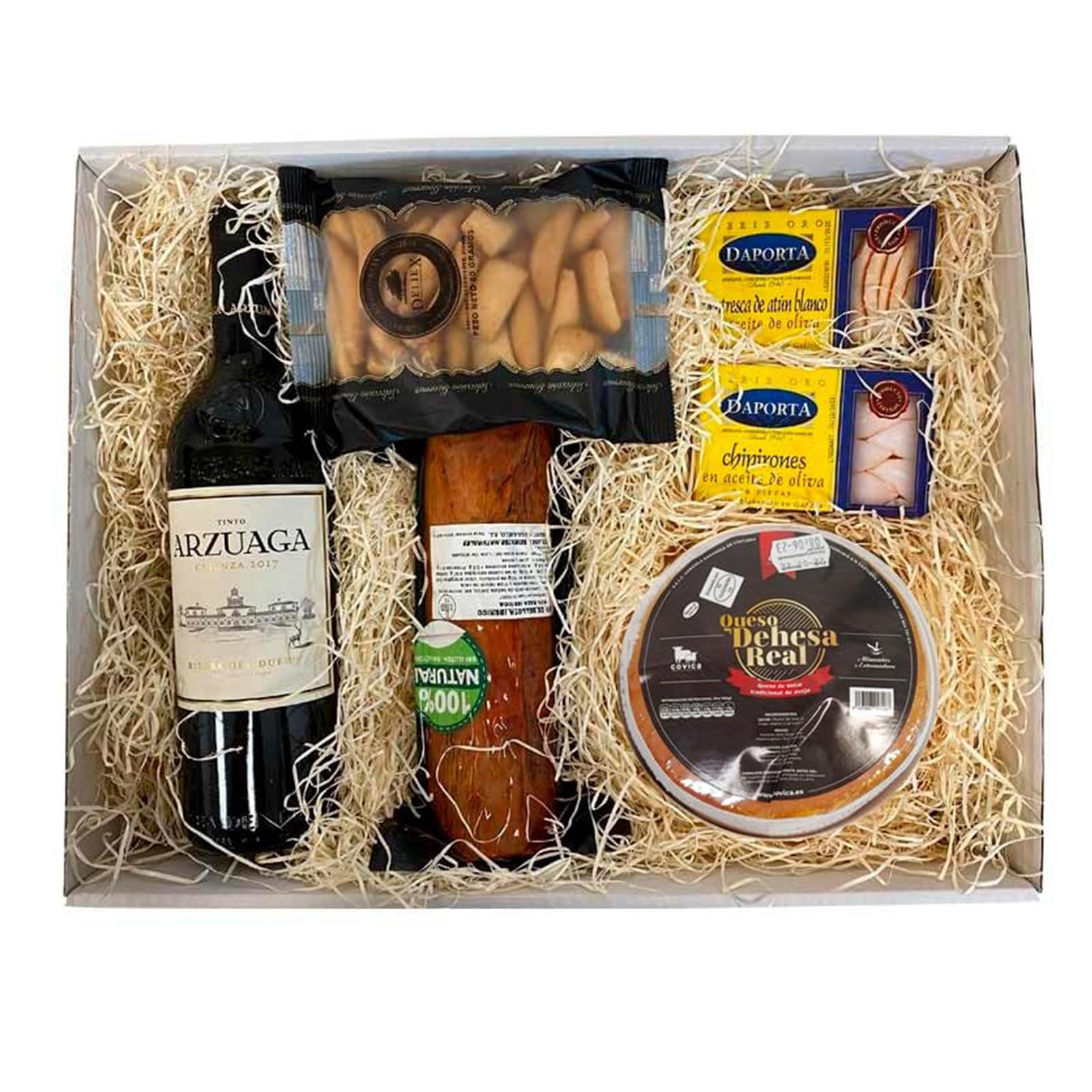 Deliex Gran lote Gourmet con vino Arzuaga, Torta de la Serena, lomito Ibérico de bellota, conservas y picos. Cesta gourmet para regalar