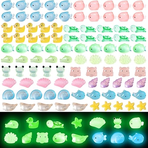 100Pcs Luminous Mini Resin 15 Styles Tiny Animals Sea Animals Figurines Glow in The Dark Miniature Animals for DIY Fish Tank Potted Micro Dollhouse Landscape Aquarium Decorations