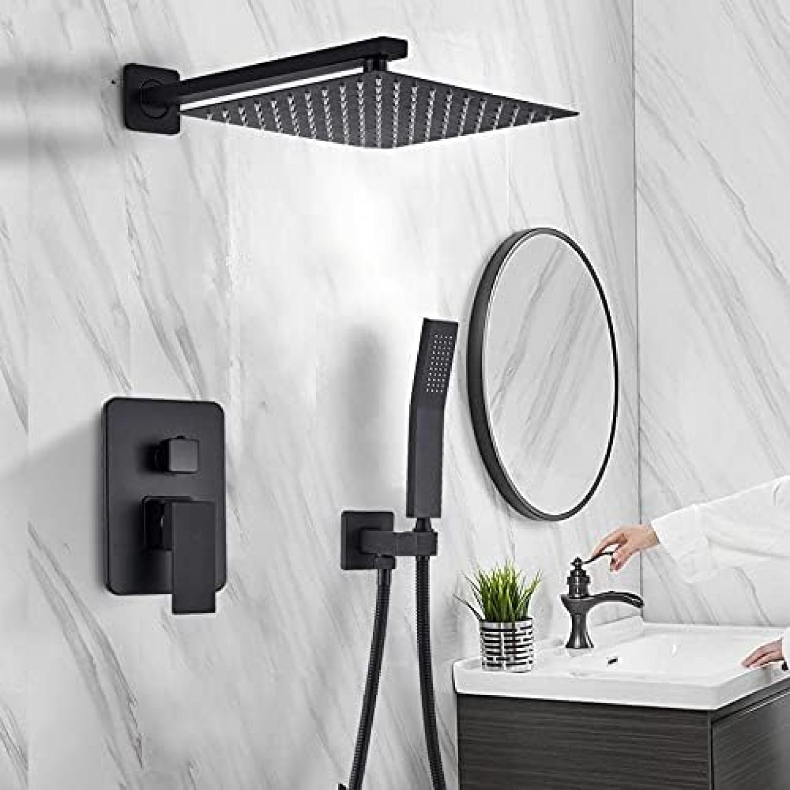 WXPGFEQ Shower Kits, Shower Set Wall Mounted Shower Faucet Mixer Rainfall Bathroom Shower Tap with Handshower Rotate Black Bath Spout,12 Inch A,10 Inch