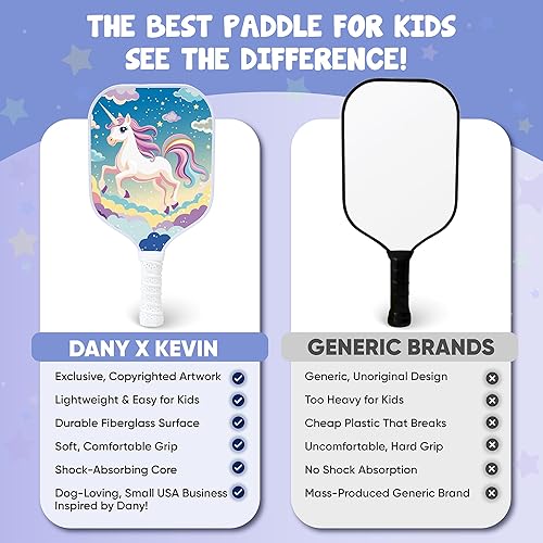 Miniatura 4 de Paleta de pickleball para niños diseñada para edades de 3 a 12 años, fibra de vidrio ligera (0.37 libras), agarre pequeño para un fácil control,