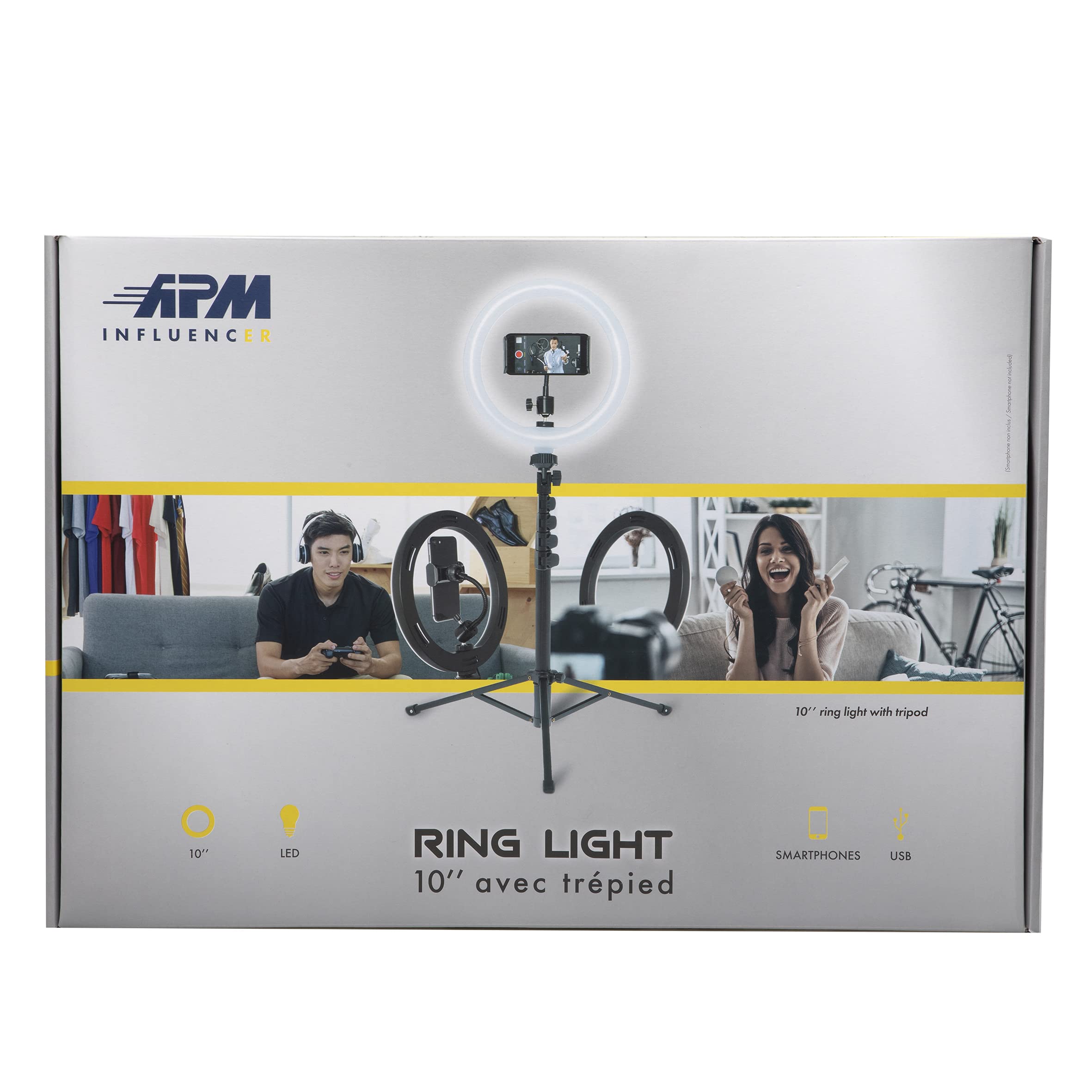APM 572012 - Anillo de luz con trípode Ajustable de 1,95 m, Anillo Luminoso con 120 LED, luz fotográfica con 3 Niveles de Brillo, conectividad USB, Compatible con Smartphone y Tableta, Color Negro