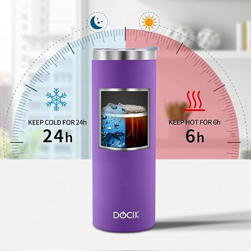 Miniatura 3 de Paquete de 2 vasos rectos delgados de 20 onzas, de acero inoxidable, doble pared aislada al vacío, vaso delgado de viaje con tapas y pajitas,