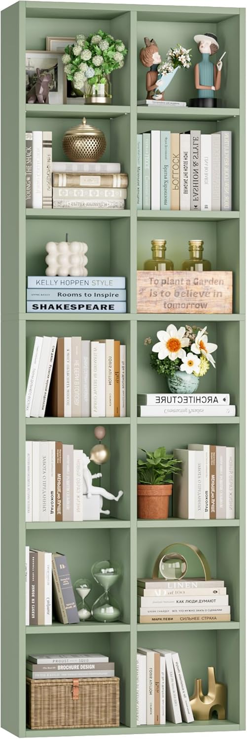 FOTOSOK 71'' Tall Bookshelf with 14 Cubes, 7 Tier Double Wide Bookshelf with 6 Adjustable Shelves, 19.6" Narrow Bookcase DVD/CD Media Storage Shelf, Space Saving Display Shelf Cabinet, Green