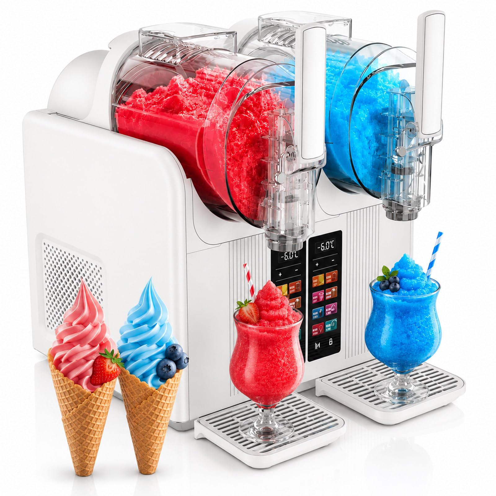 SHUMIAO 430W Commercial Slushie Machine, 2x2L Dual Bowl Slushy Maker & Soft Serve Ice Cream Maker, 7 Presets Automatic Smoothie Margarita Machine, One-Button Operation, for Home Party Bar White