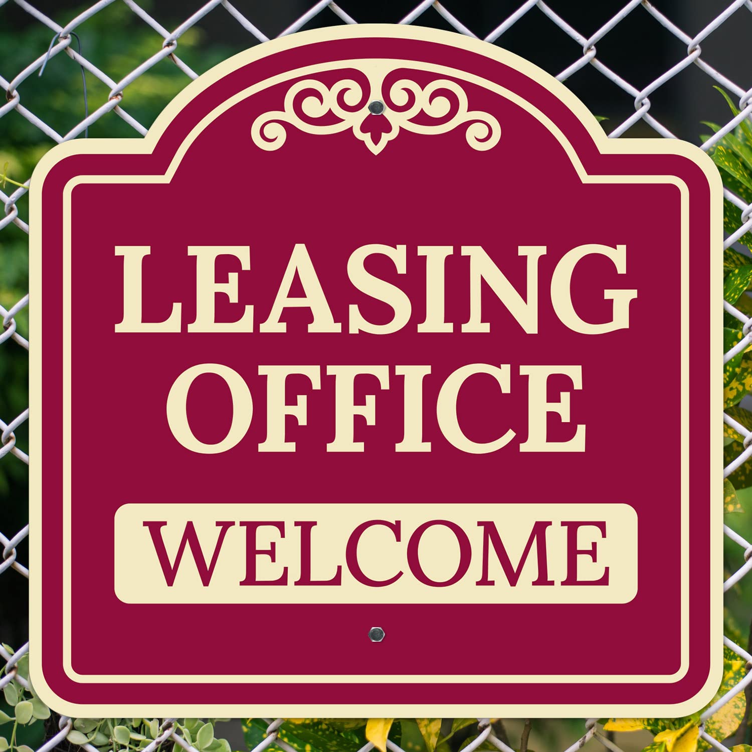 Leasing Office Welcome Decor Sign, Burgundy Dark, 24x24 Inches, ACM, Fade Resistant, Made in USA