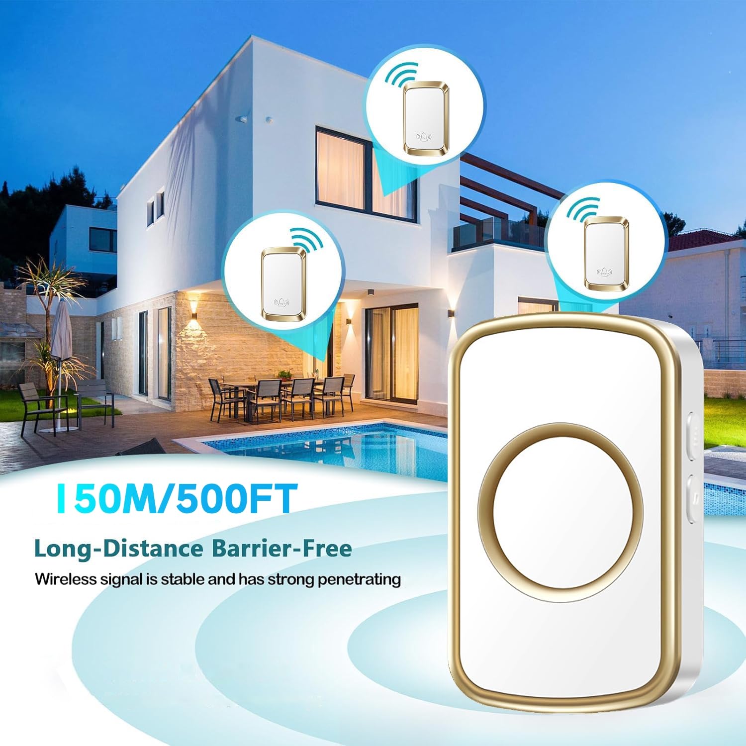 Genérico Timbre inalámbrico con Enchufe británico, autoalimentado, sin batería, Alcance de 150 m, botón de 60 Canciones, Impermeable para Exteriores, para casa, Escuela, Oficina (Reino Unid