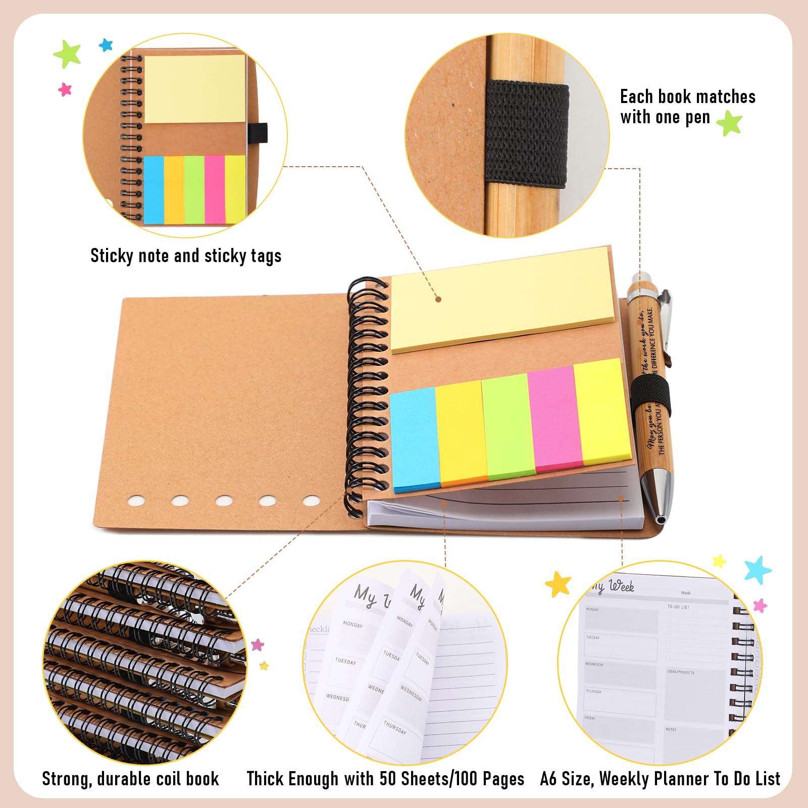 Tellingyou Set di 20 quaderni a spirale ispiratori per lauree, dipendenti apprezzamento per dipendenti, agenda settimanale con note adesive, penna motivazionale in bambù per studenti, insegnanti,