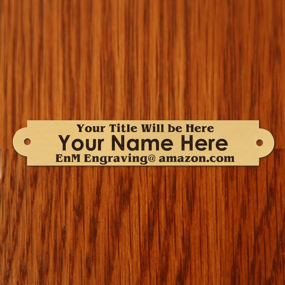 0.75" H x 4.5" W, Solid Brass Name Plate, Satin Gold Finish with Decorative Ends, Custom Name Plate Tag Label Personalize Engraved Black Text, Made in USA