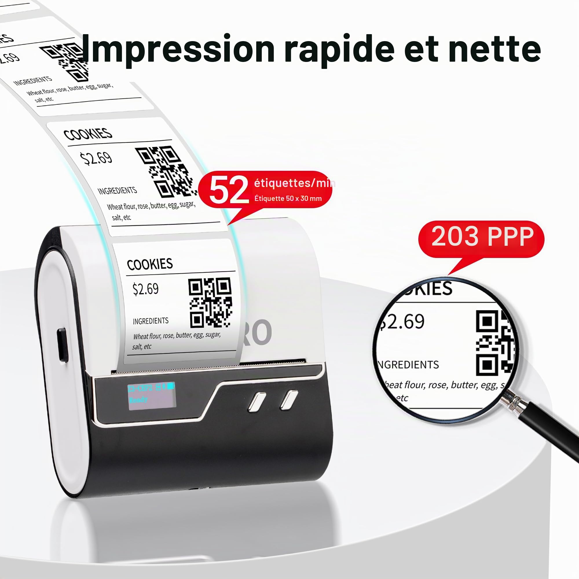 ORGBRO Z3 Etiqueteuse Imprimante Etiquette Autocollante Étiqueteuse Thermique et Codes-Barres pour Bijouterie, Supermarché, Petites Entreprises avec 1 Rouleau d'Étiquettes Blanches 50x30mm, Argent