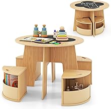 Kids Table and Chairs Set, 5 Pieces Children Activity Tables with 4 Stools, Chalkboard Tabletop, Nursery Kindergarten Toddler Play Table Activity Desk for Drawing Reading Learning