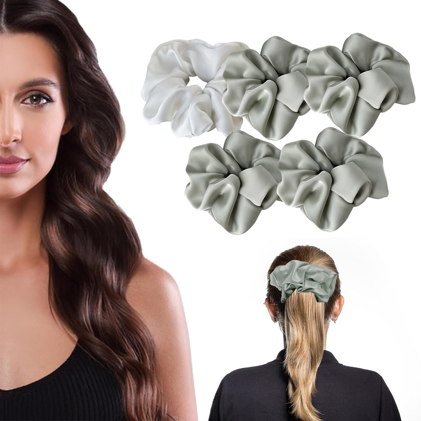 OWITER 5 pcs Large Satin Scrunchies for Women,oversized scrunchies for women,large scrunchies for giant scrunchie (1 white 4 sage)