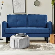 Hello-5ive Modern 2 Seater Sofa, 148cm Velvet Small Sofa Couch with Spring Cushion and Storage Pocket, Comfy Upholstered Loveseat for Living Room, Bedroom, Apartment, Blue