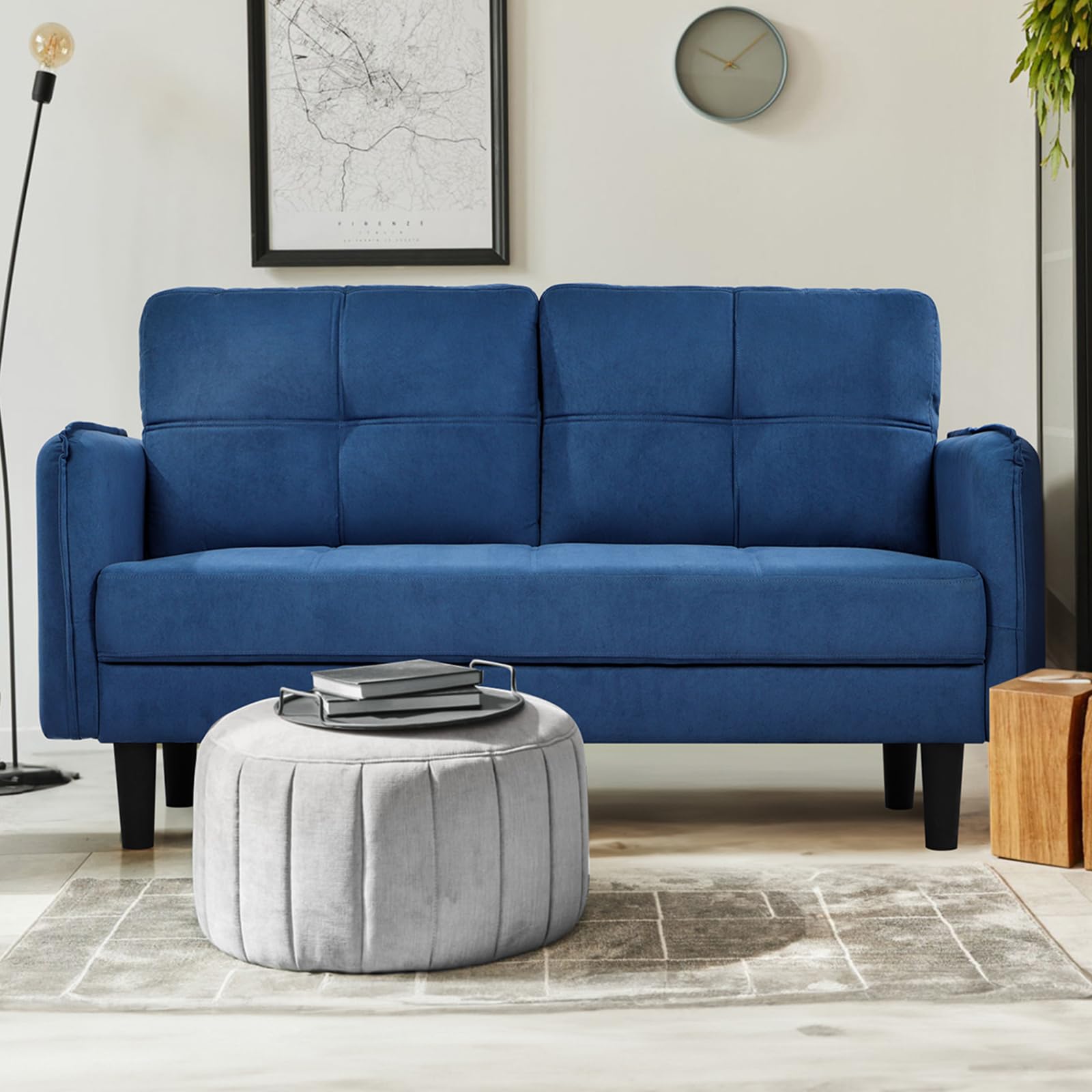 Hello-5ive Modern 2 Seater Sofa, 148cm Velvet Small Sofa Couch with Spring Cushion and Storage Pocket, Comfy Upholstered Loveseat for Living Room, Bedroom, Apartment, Blue