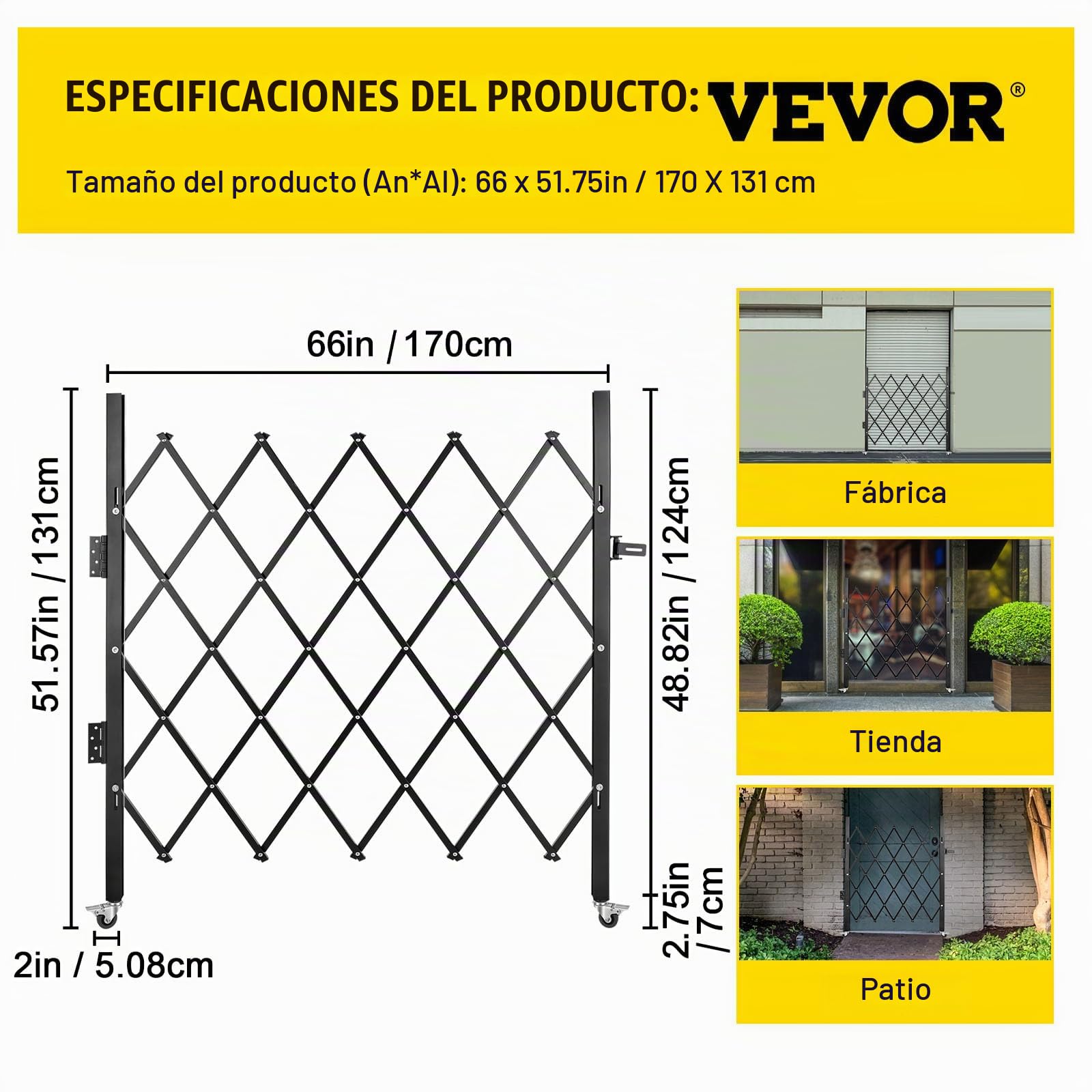 VEVOR Barrera de Seguridad Extensible Plegable Individual 170 x 131 cm Valla de Escalera de Acero Enrollable 360° Puerta de Tijera o Puerta con candado, para el sótano del hogar, Garaje, Negro