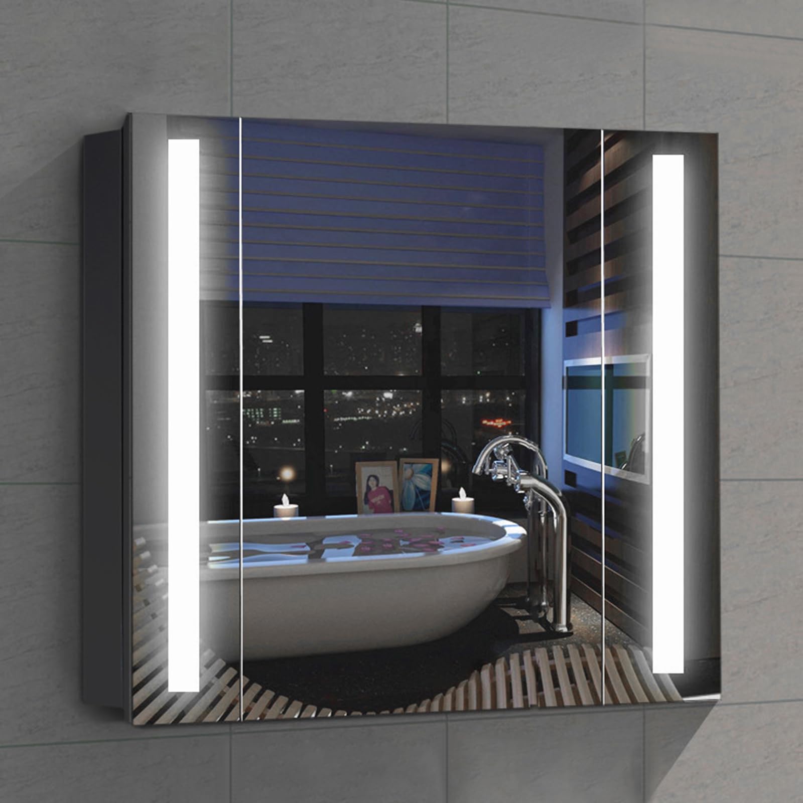 Warmiehomy Bathroom Mirror Cabinet with LED Lights,640x600mm Illuminated Bathroom Mirror Cabinet with Shaver Socket Demister Pad Sensor Control