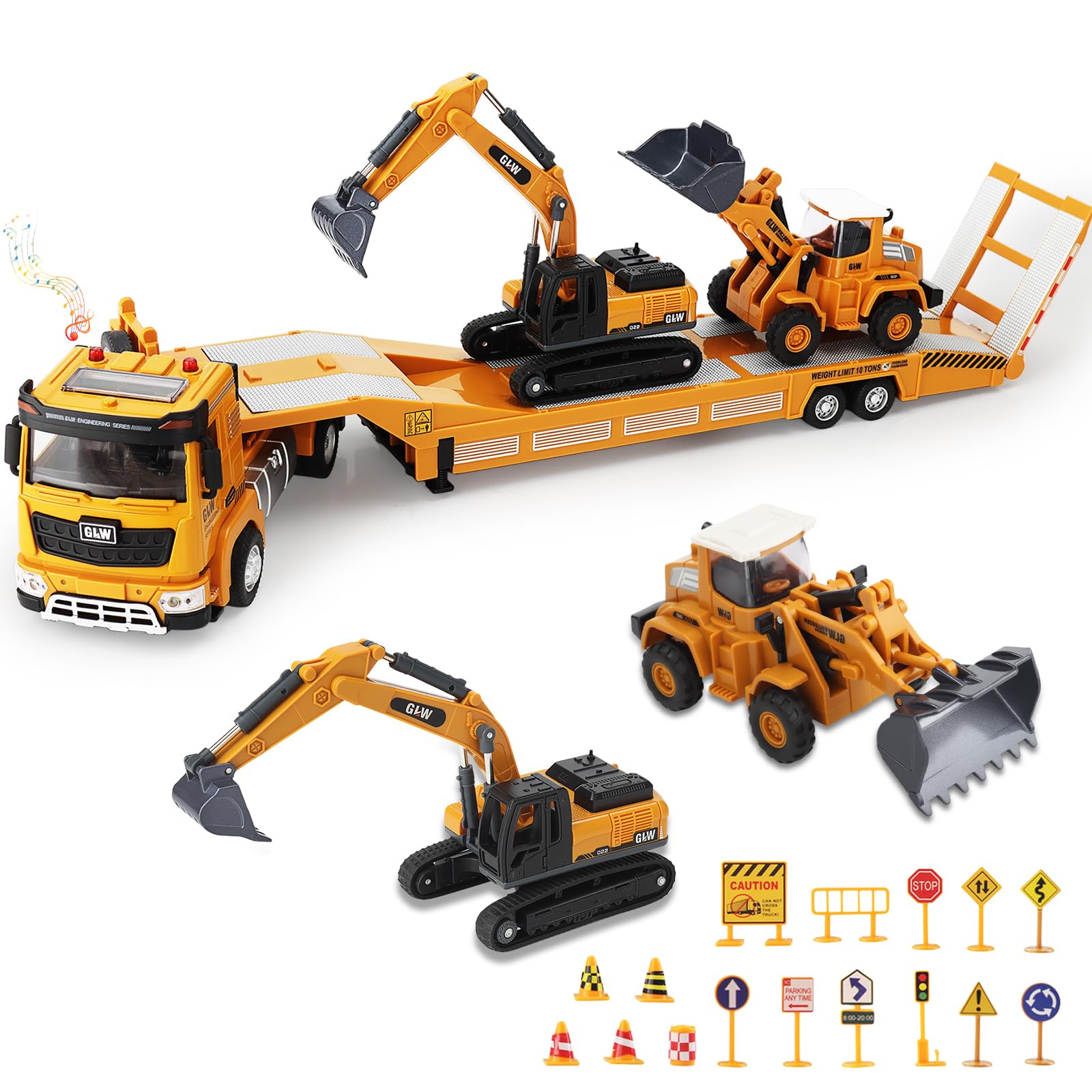 UCAMP Camion Transportador Coche de Juguete con Luces y Sonidos para Niños 3 4 5 6 7 Años, 1:40 Juguete Vehículos de Construcción con Excavadora Bulldozer, Juguetes Regalo de Cumpleaños Navidad