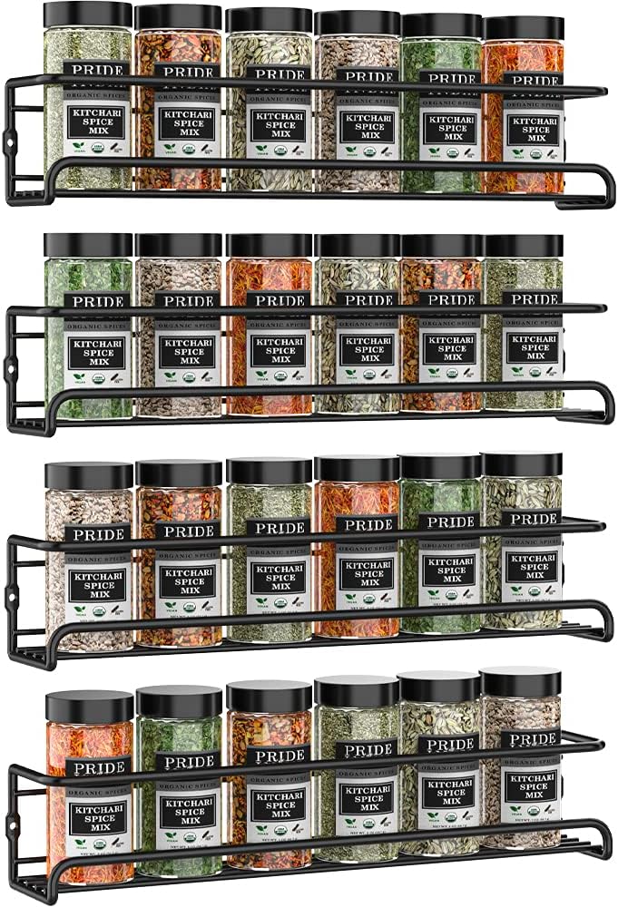 Product image of Spice Racks Organiser - 4 Tier Hanging Stainless Steel Wall Mounted with Adhesive Stickers & Screws Kitchen Pantry Shelf for Spices and Condiments, Jars (Black)