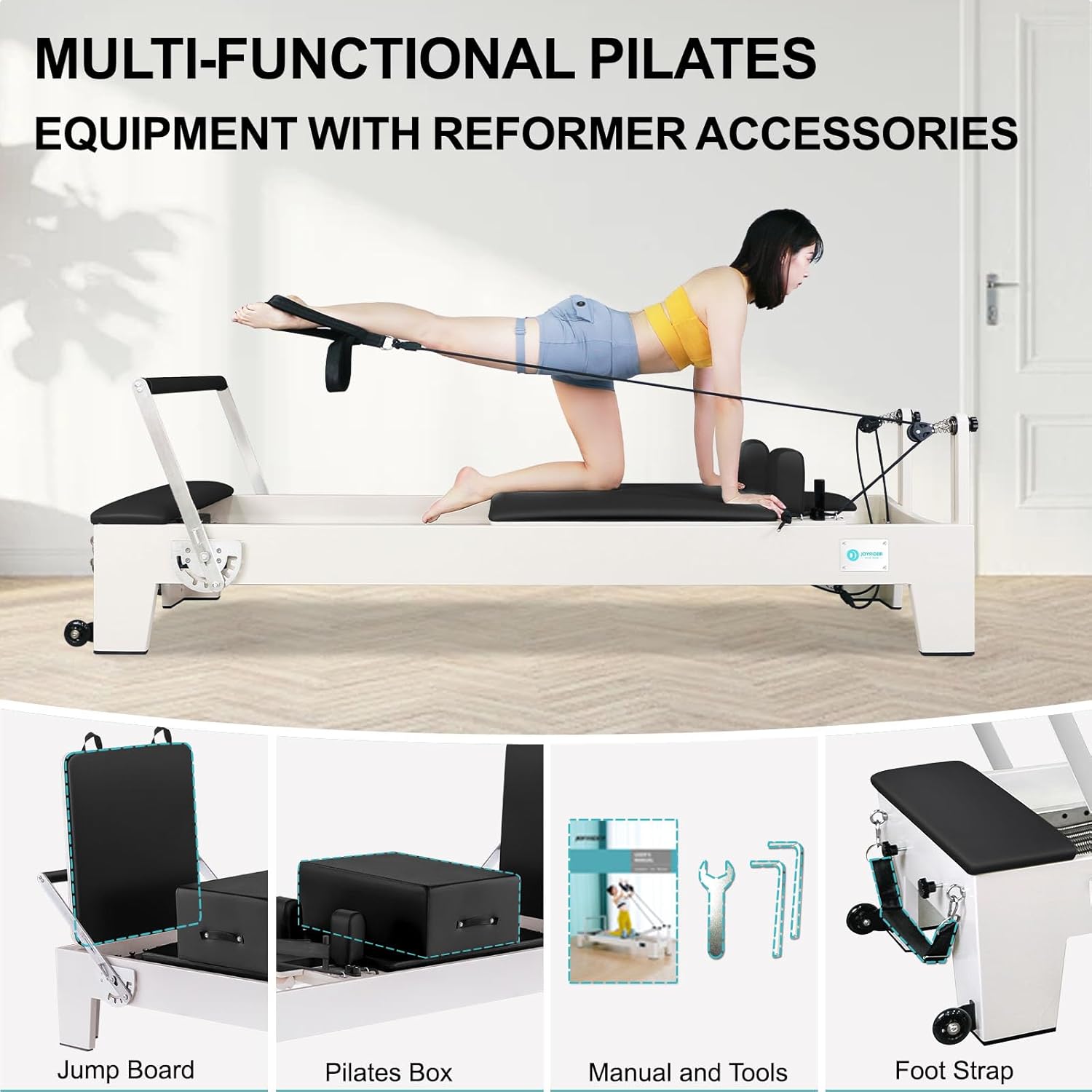 JOYRIDER 90" Pilates Reformer, Wooden Reformer Pilates Machine for Home Workout and Studio, Oak Wood, Pilates Equipment with Piano Wire Spings, Pilates Box, Jump Board