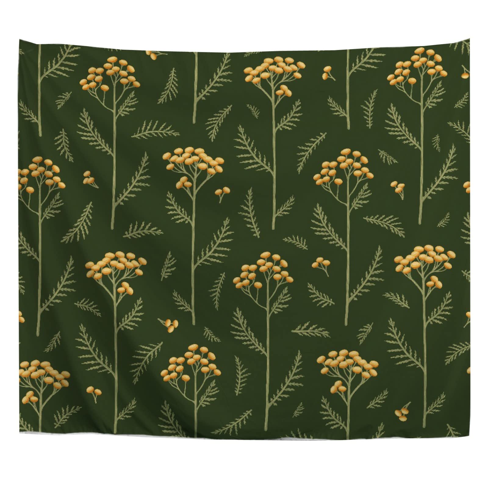 A.Monamour Wall Hanging Tapestry Hand Drawn Flowers Of Tansy Tanacetum On A Green Background Botanical Picture Print Wall Fabric Mural Art Decoration for Bedroom Dorm Living Room 153x203cm โ image 1