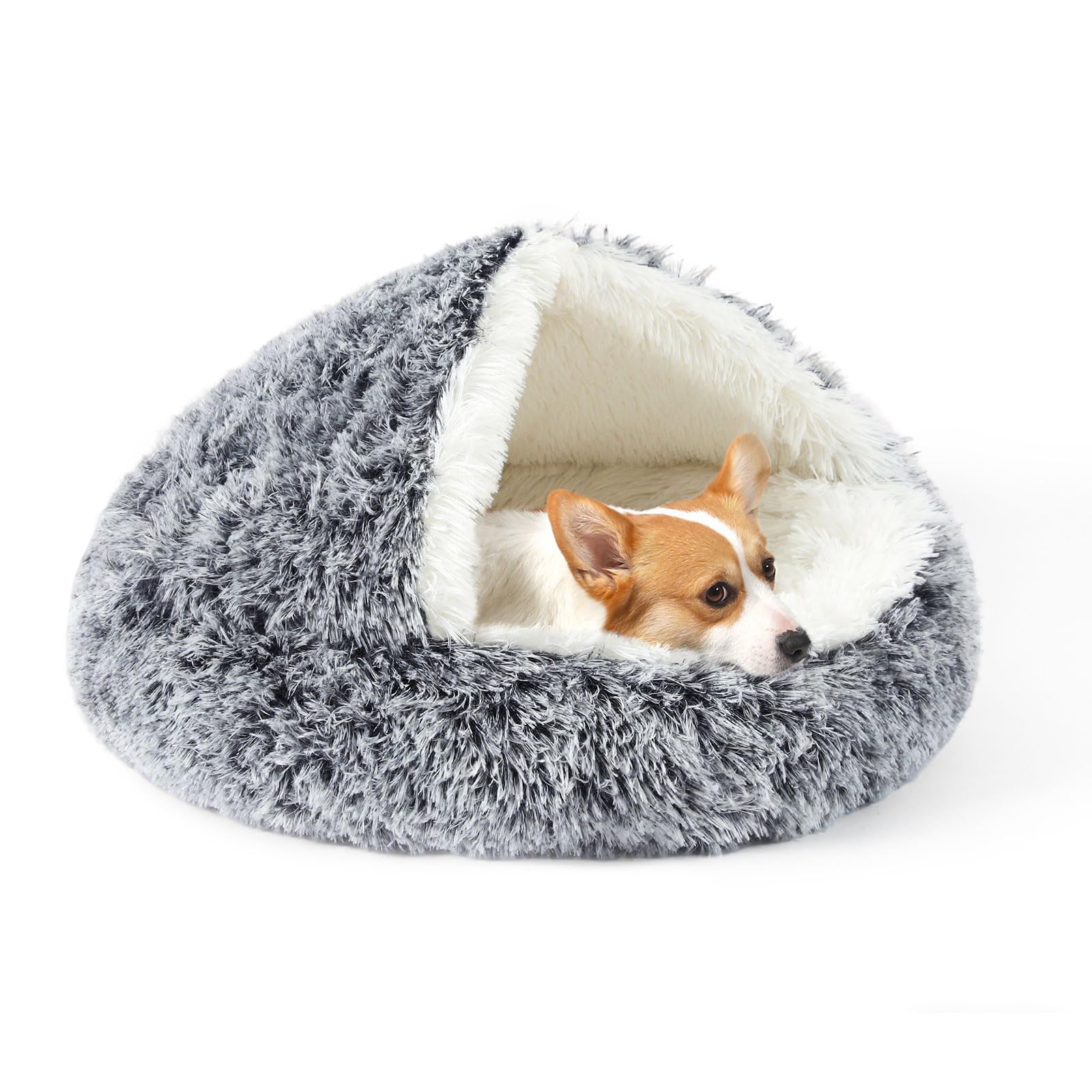 KITTYWOO Dog Bed Round Hooded Plush Cat Cave Self Warming Pet Bed Donut Anti Anxiety Fluffy Pet Bed for Puppy and Kitty