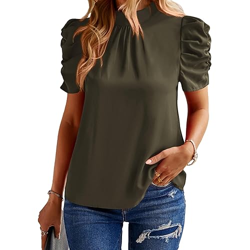 BTFBM Womens Tops 2026 Dressy Casual Blouses Summer Spring Clothes Mock Neck Short Sleeve Shirts Business Work Fall Outfits