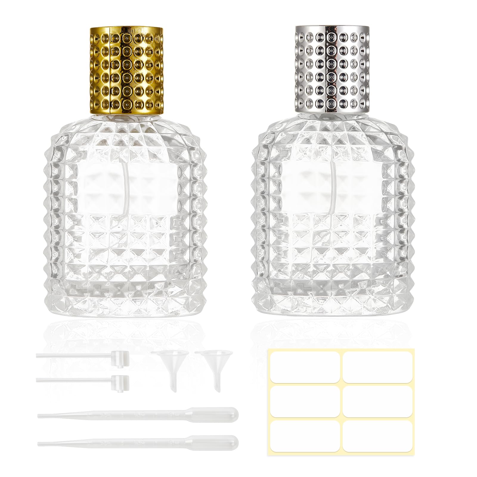 2 Pack 50ml Refillable Spray Perfume Bottles, Empty Clear Perfume Atomizer, Portable Perfume Mist Spray Bottle Travel Perfume Dispenser (50ML, Gold & Silver)