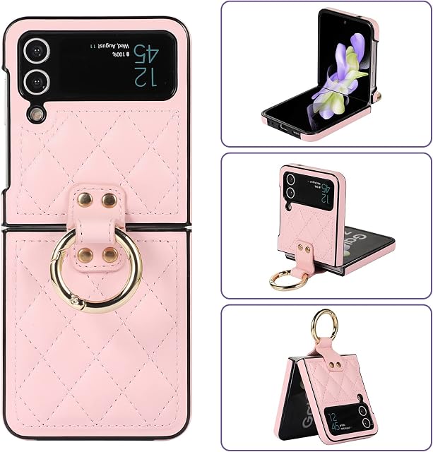 XIZYO for Samsung Galaxy Z Flip 3 Leather Case with Ring, Hard PC Shell Solid Color Folding Shockproof Phone Cover, for Women Girls Slim Luxury Non-Slip Rotation Kickstand Phone Case, Pink