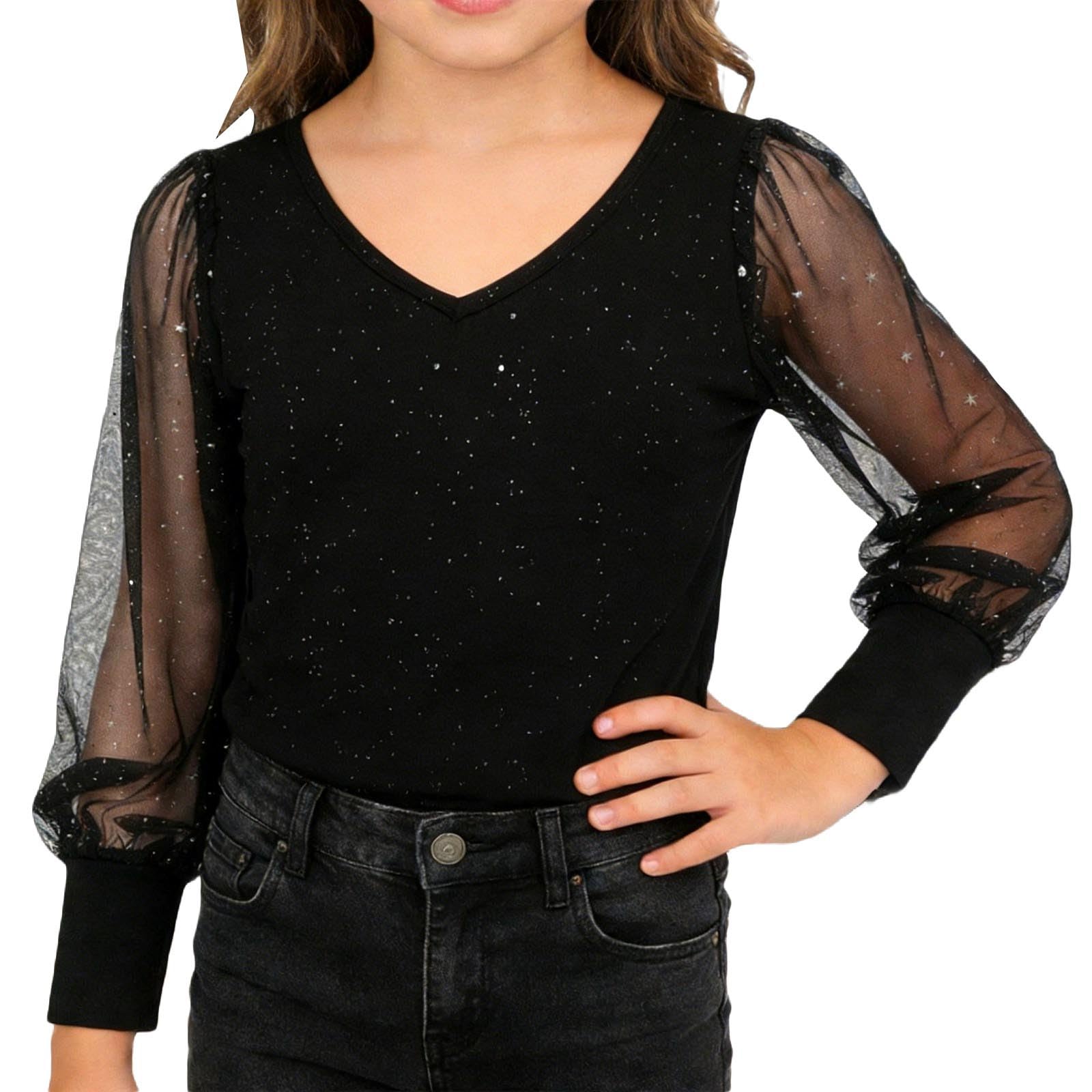 Generisch Mädchen Langarm-Freizeitbluse mit Glitzerkragen für Festliche Anlässe lockere Passform für Tweens Teenager Bequeme Partybluse
