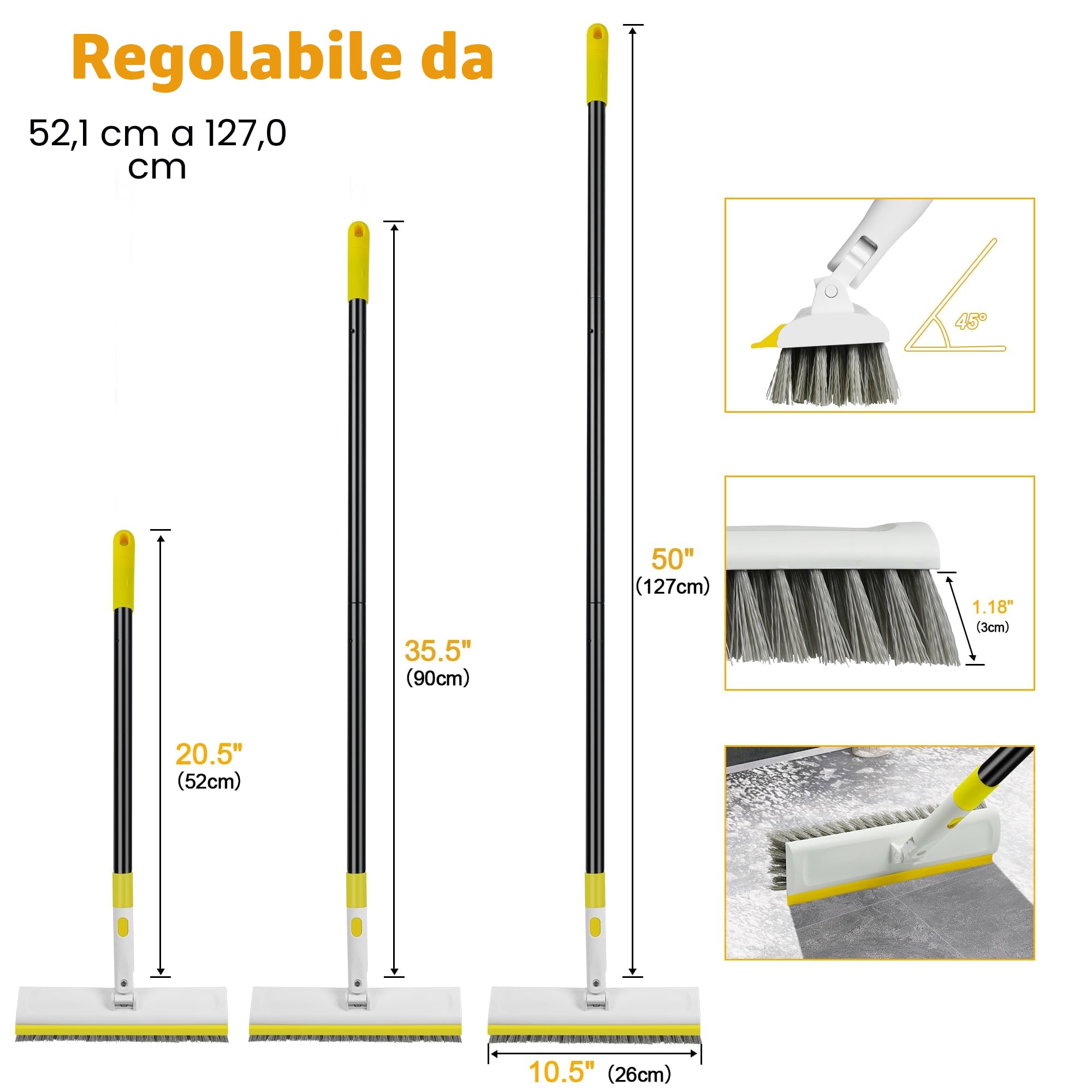 Spazzolone Di Pulizia Con Manico Lungo 127CM Per La Pulizia, 2 In 1 Spazzola Per Pavimenti Con Tergicristallo, 180° Rotante Per Piastrelle, La Cucina E La Parete Del Pavimento
