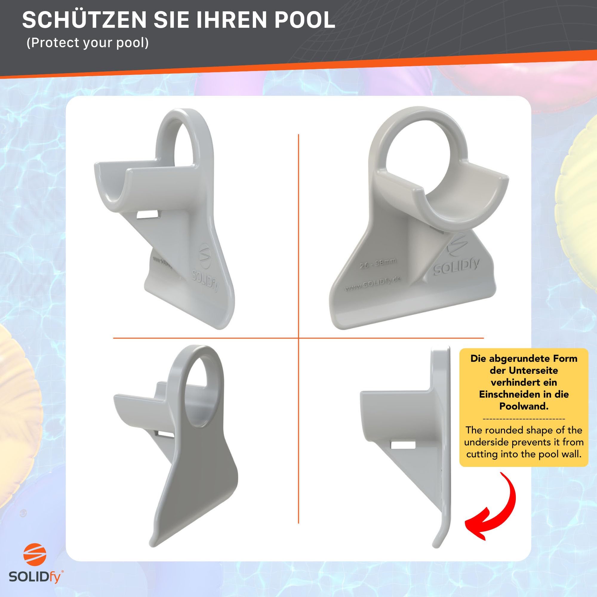 [2x] Pool Schlauchhalter 26mm - 46mm | Schlauchhalterung für Intex, Bestway, Hecht | auch mit Adapter B und Absperrventil Rohrhalter 32mm 38mm Knickschutz in grau