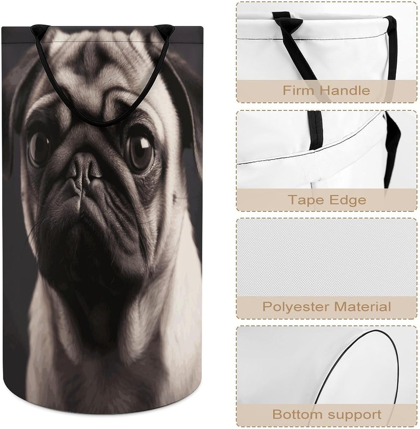 Pug Laundry Hamper with Handles Large Collapsible Laundry Basket Waterproof Freestanding Dirty Clothes Basket Portable Clothes Hamper for Bathroom Bedroom Daily Use