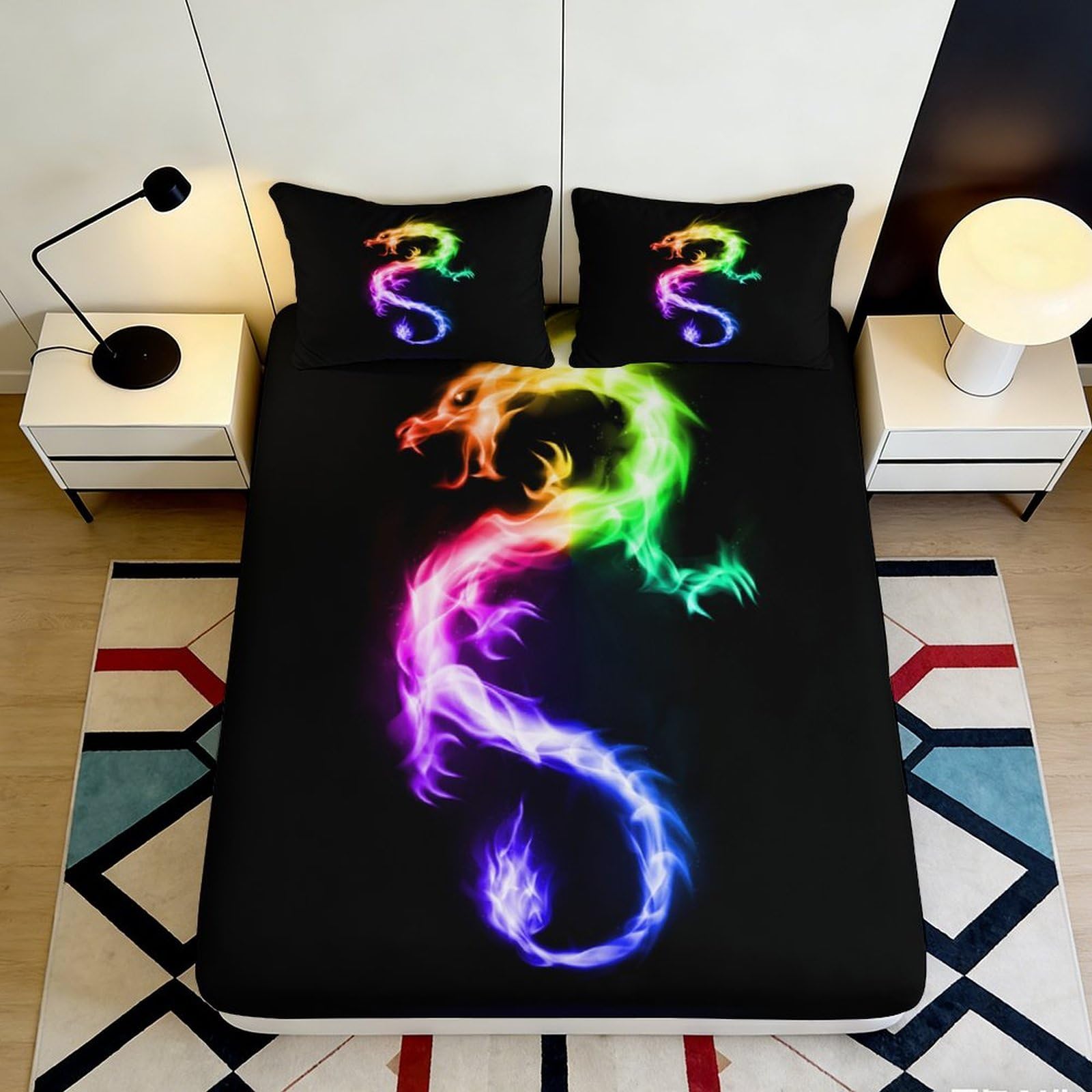 3D Printed Neon Dragon Fitted Sheet Microfiber Soft Breathable Multicolor Flame Bed Cover for Bedroom Dormitory Guest Room Mattress Protection 180x200x25cm