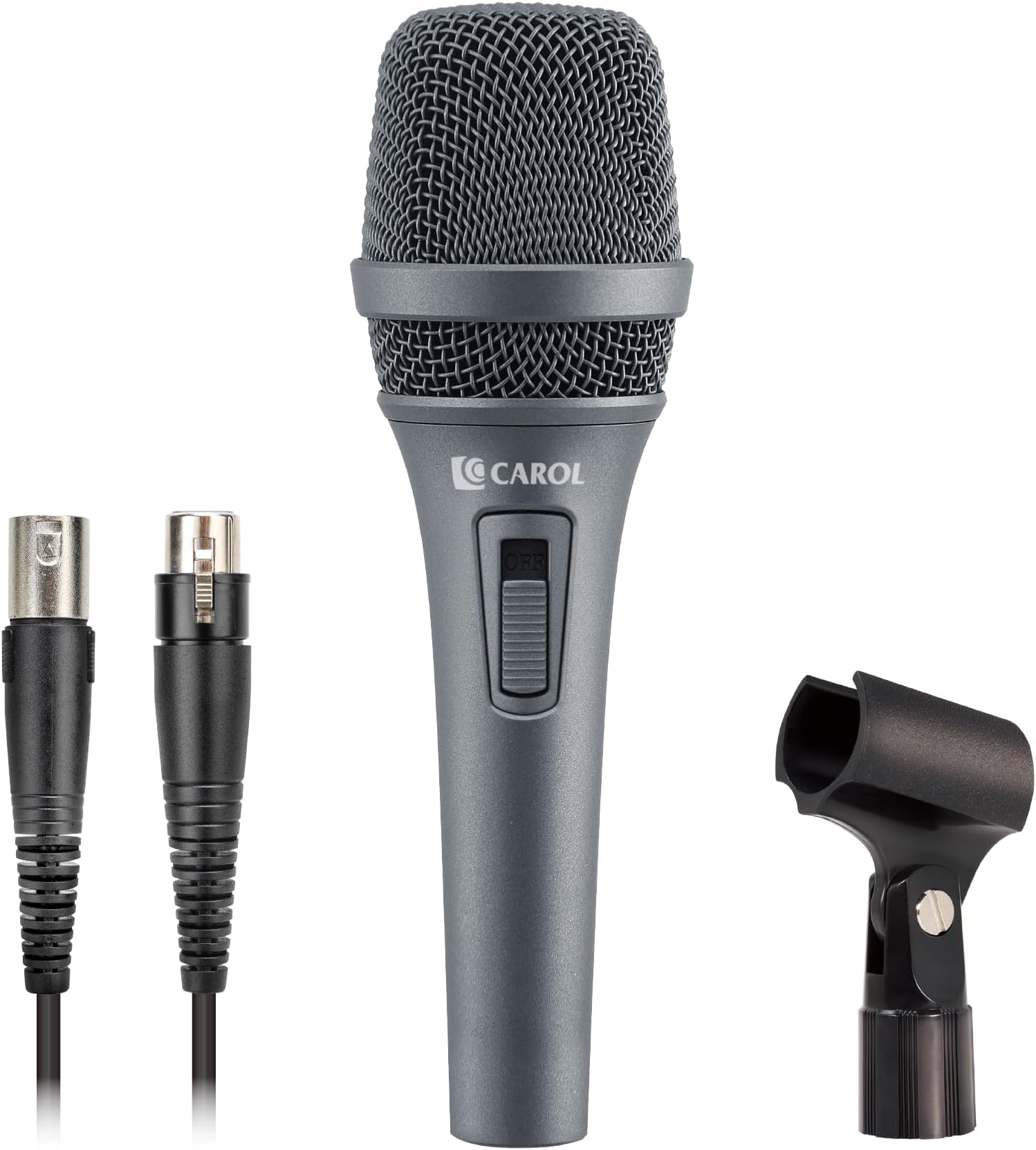 CAROLAC-900S Dynamic Vocal Microphone with Supercardioid, ON/Off Switch, for Singing, Live Stage, Studio Recording, Streaming, w/ 14.8ft Detachable XLR to XLR and Mic Clip (PS-1 Gray)