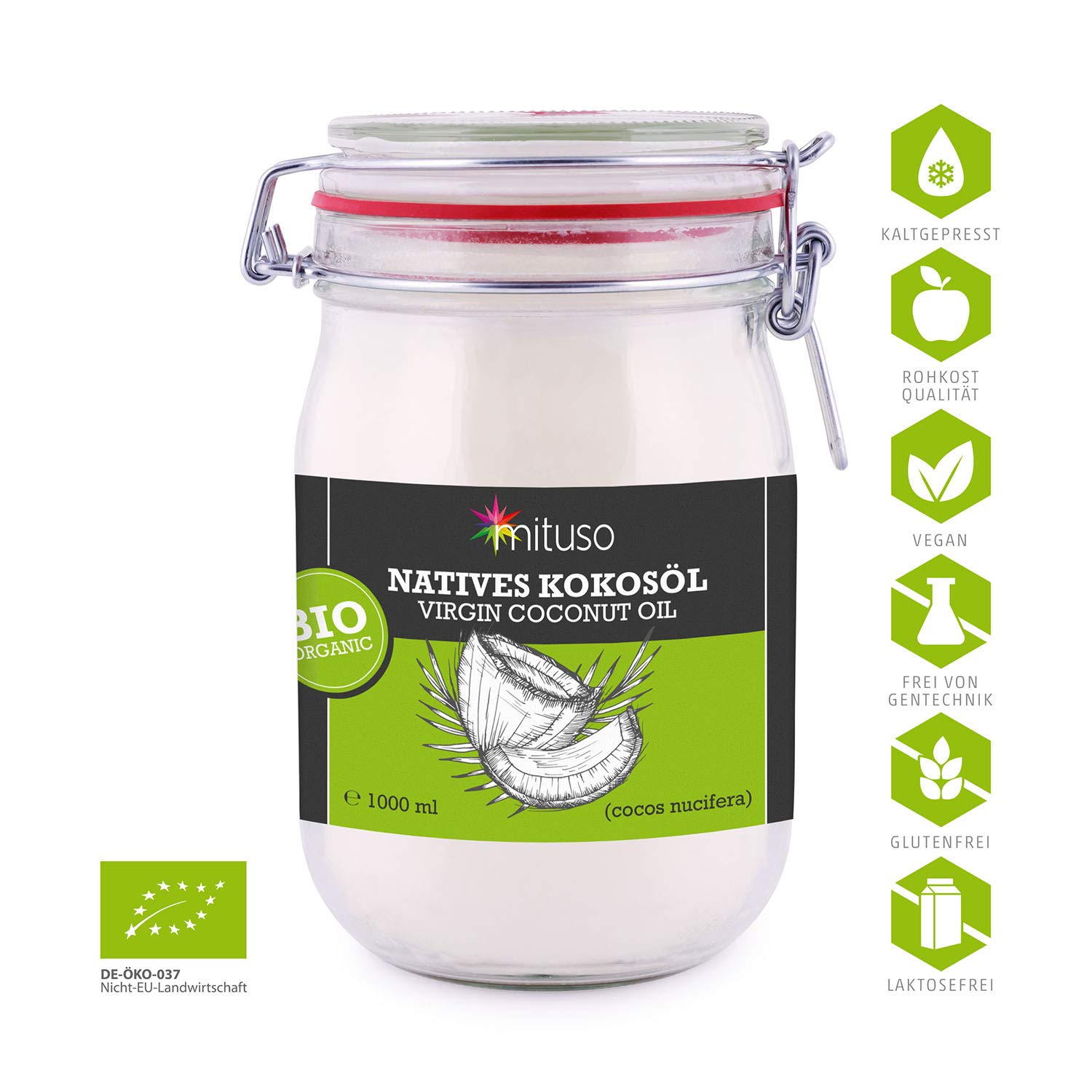 mituso Bio Kokosöl, nativ, 3er Pack (3x 1000ml) im Bügelglas