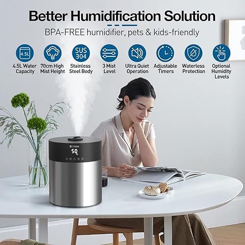 Miniatura 2 de RIMOO Humidificadores de 4.5 L para habitación grande, humidificador ultrasónico de niebla fría con tanque de acero inoxidable para limpieza de