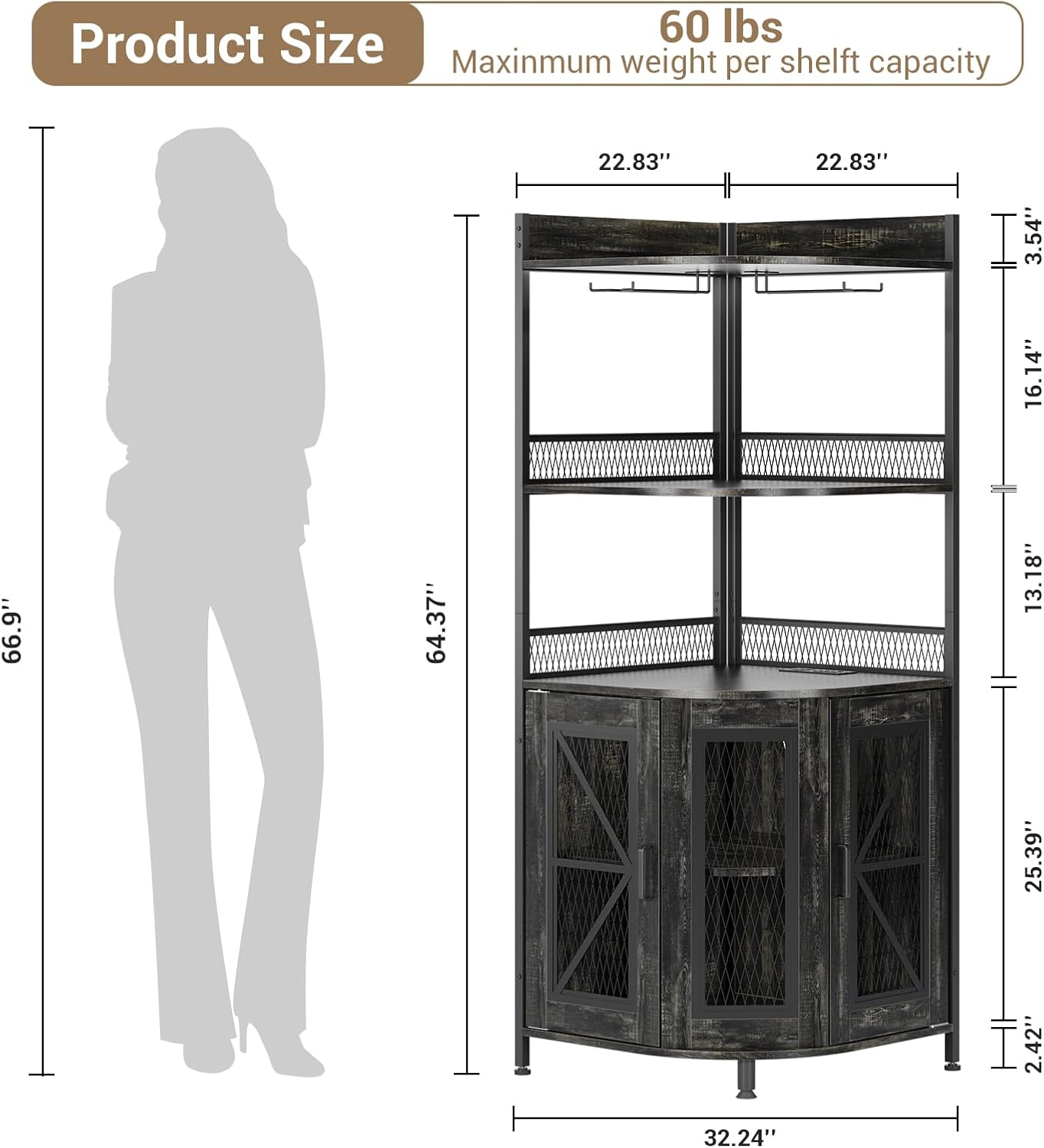 Modern Corner Bar Cabinet with Power Outlet, 5-Tiers Wine Cabinet with LED Light and Glass Holder,64'' Tall Home Liquor Cabinet for Living Room, Corner Display Shelf for Home (Black