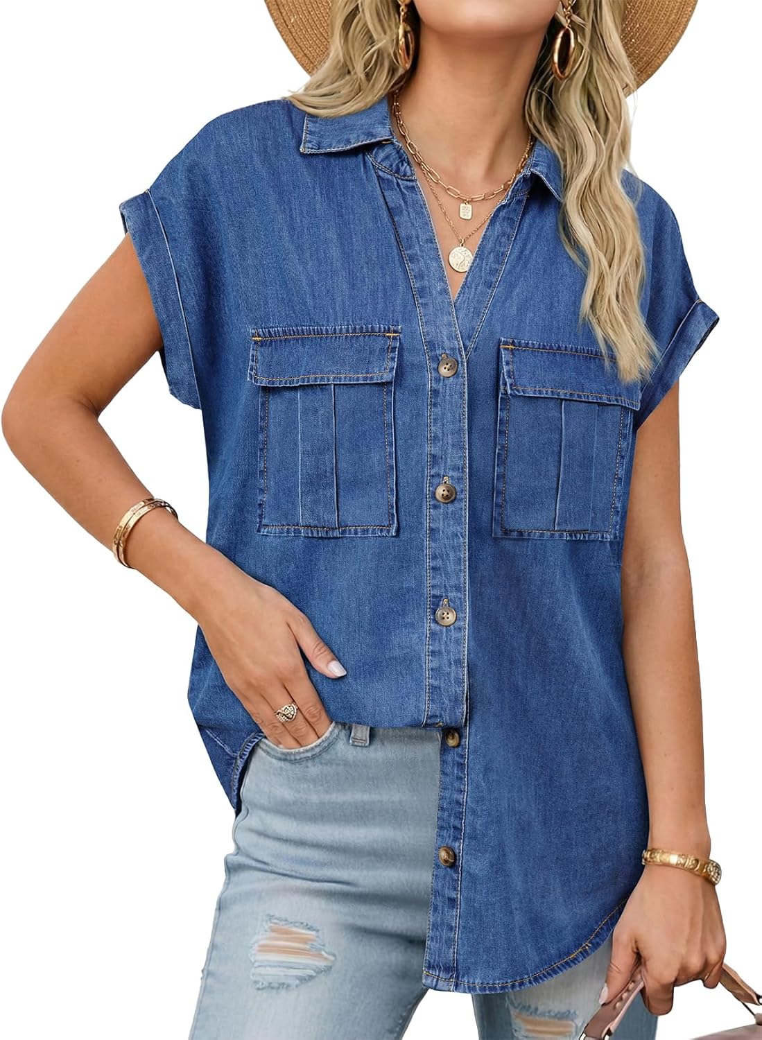 SIDEFEEL Women's Denim Shirt Button Down V Neck Short Sleeve Jean Shirts Trendy Casual Loose Fit Denim Tops