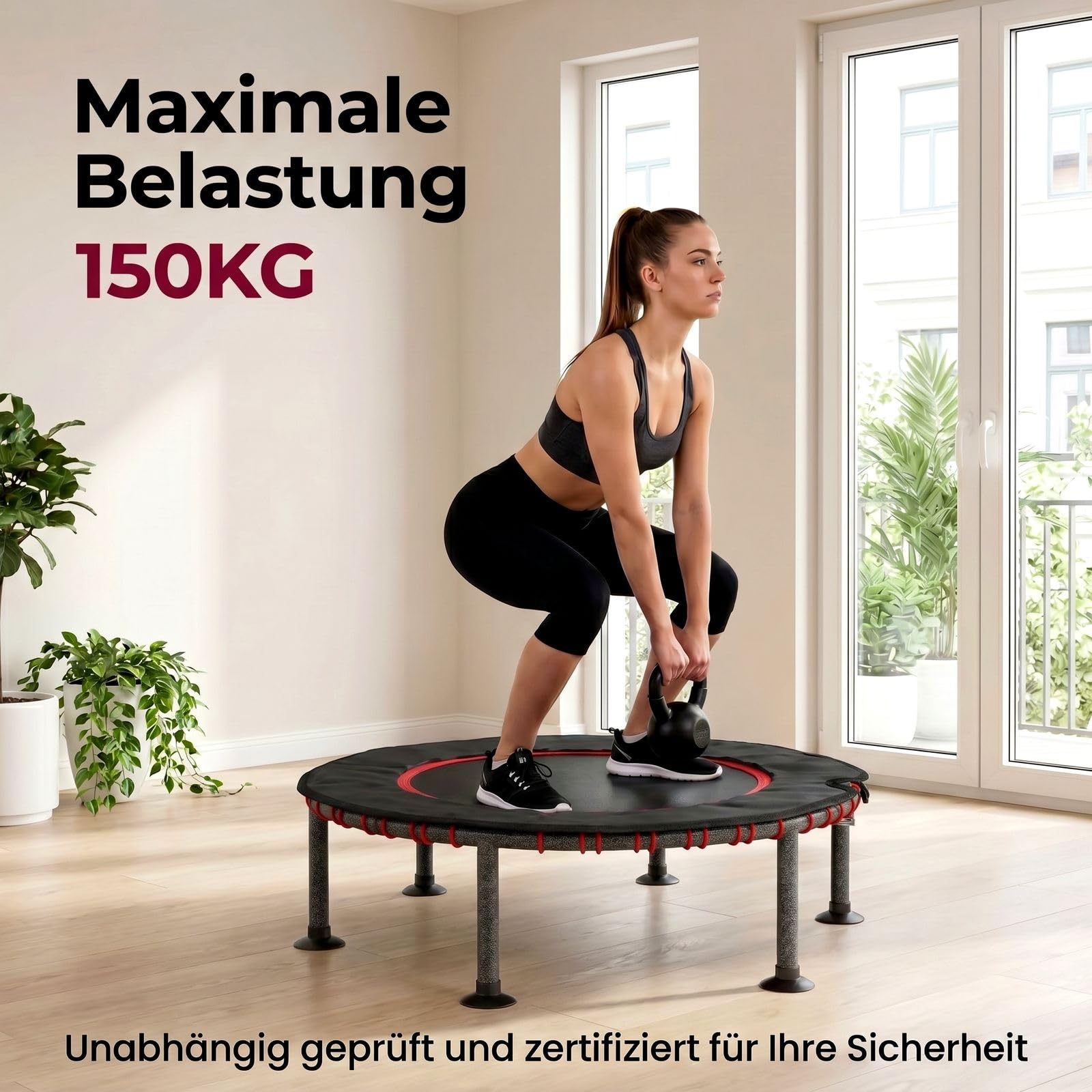 LIFERUN Ø102/122cm Fitness Trampolin Indoor mit Randabdeckung, bis 150kg, 3-stufiger Haltegriff, ohne Montage, geräuscharme Gummiseilfederung, für Erwachsene und Kinder, für drinnen und draußen