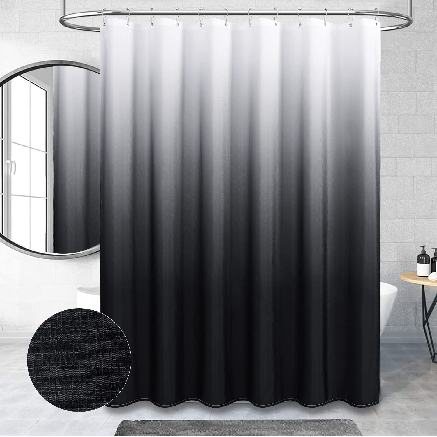 BTTN Black Fabric Shower Curtain, Ombre Linen Textured Weighted Cloth Shower Curtain Set with Plastic Hooks, Machine Washable, Water Repellent, Hotel Spa Decorative Shower Curtains for Bathroom, 72x72