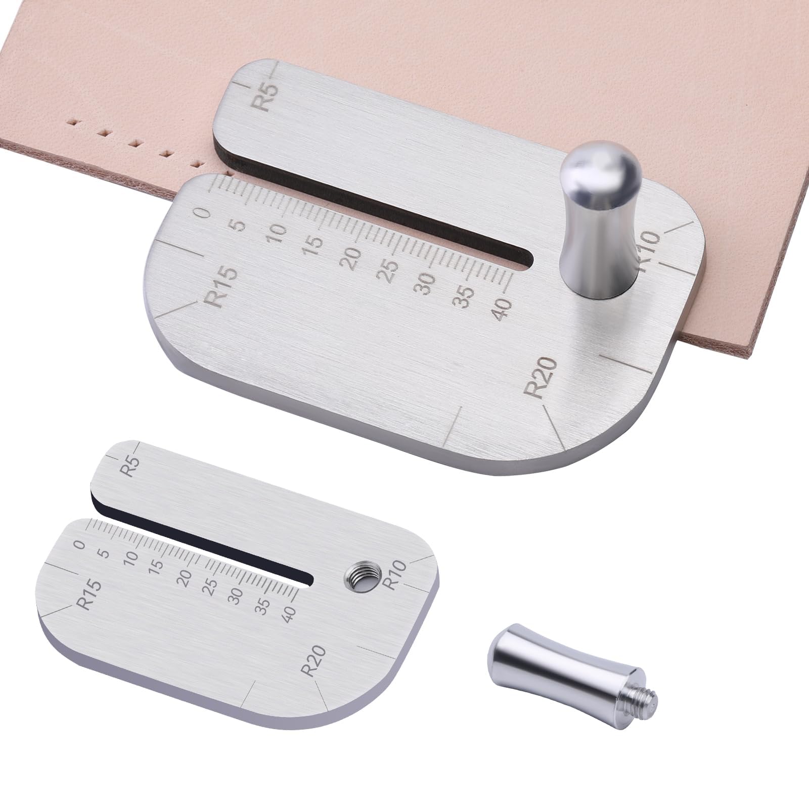 Azonee Leather Stitching Punch Aid Plate, Stainless Steel Leather Crafting Pull Plate, Precision Leather Working Tool with Detachable Screw Handle,Prong Punch Partner,Sewing Radius Ruler for Craftsmen
