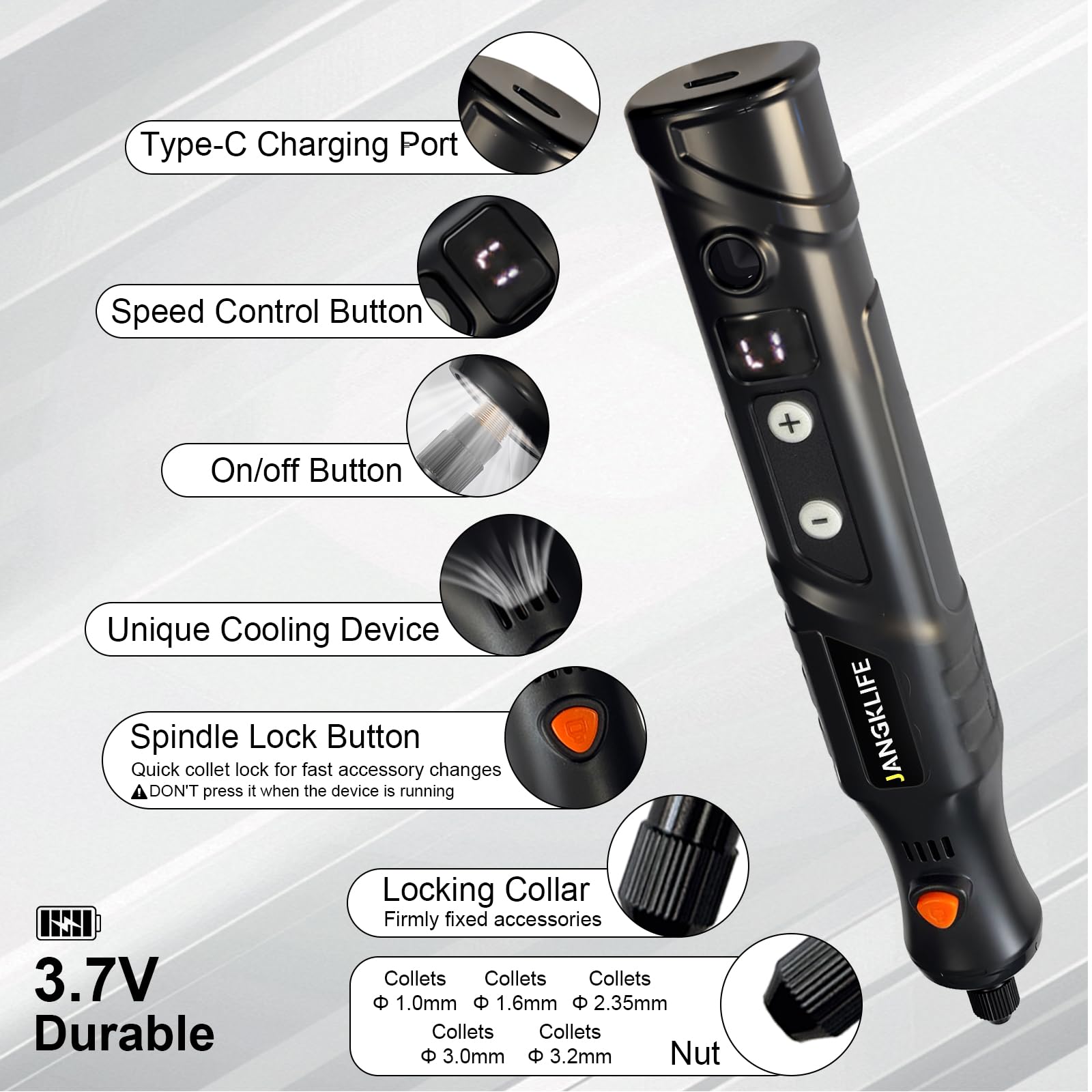 Kit di utensili rotanti senza fili con 63 accessori, 3,7 V, regolazione a 5 velocità, luce LED, display digitale, adatto per incisione, levigatura, levigatura, lucidatura, intaglio, incisione e
