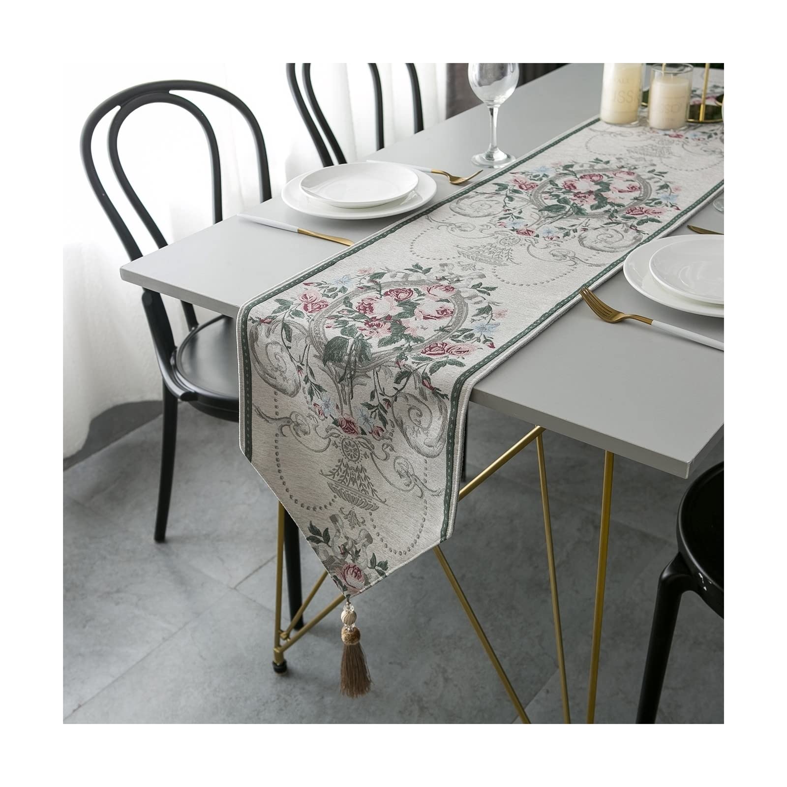 Bieżnik na stół w stylu vintage, biały, bieżnik na stół w stylu retro, kwiaty, poliester, 32 x 240 cm, dekoracja stołu, dekoracja stołu bożonarodzeniowego