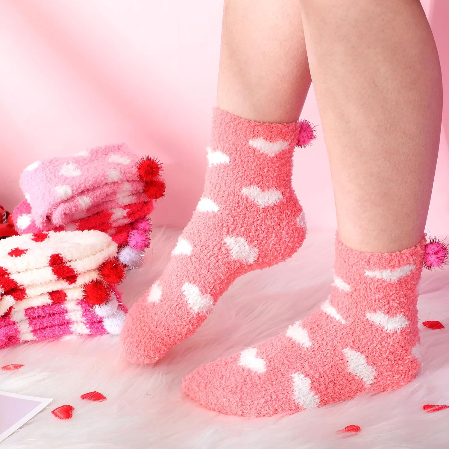 Geyoga 12 Pair Valentine's Day Cupcake Socks Fuzzy Heart Socks Gifts for Women Bulk Fluffy Cozy Slipper Sock DIY - Image 2
