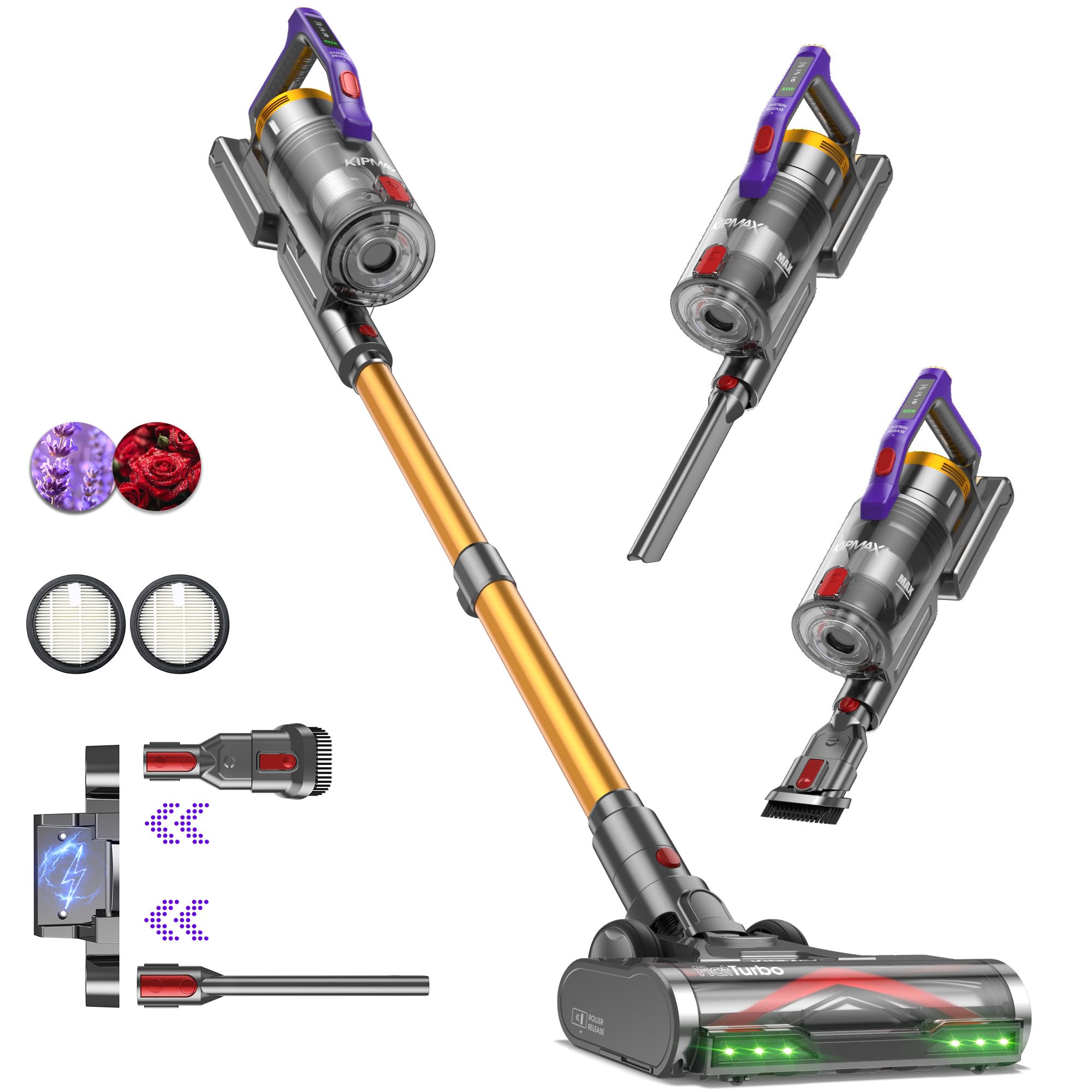 KIPMAX Akku Staubsauger 50000Pa/550W/70Min,1.5L Staubsauger Kabellos mit Display,Anti-Tangle-Bürste,7-Schicht-Filtra & 2 Duftplatten,Selbststehend Akkustaubsauger für Teppiche/Tierhaar/Hartböden