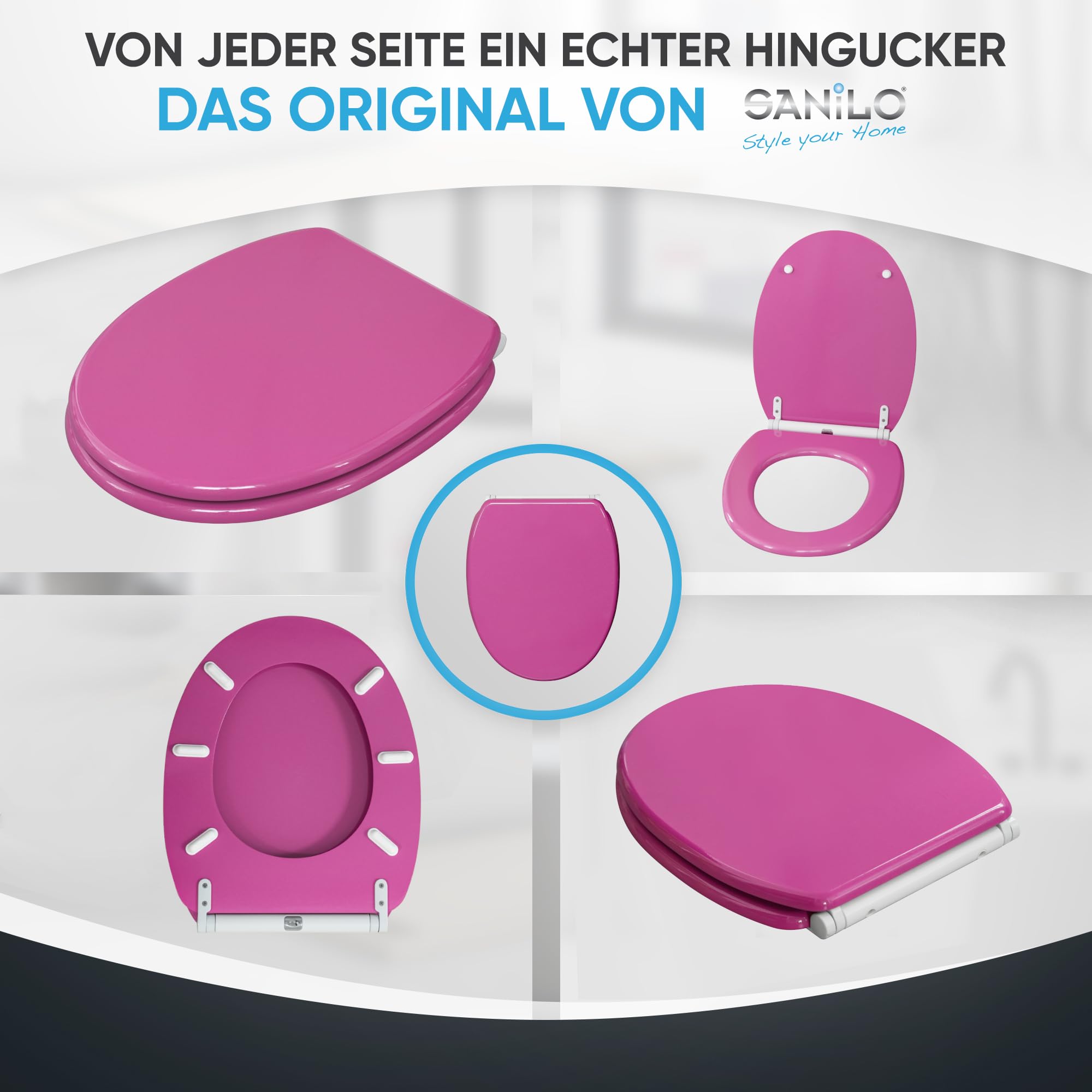 Sanilo WC Sitz mit Absenkautomatik & Schnellverschluss, Toilettendeckel per Knopfdruck abnehmbar, einfache Montage von oben (Glitzer Pink)