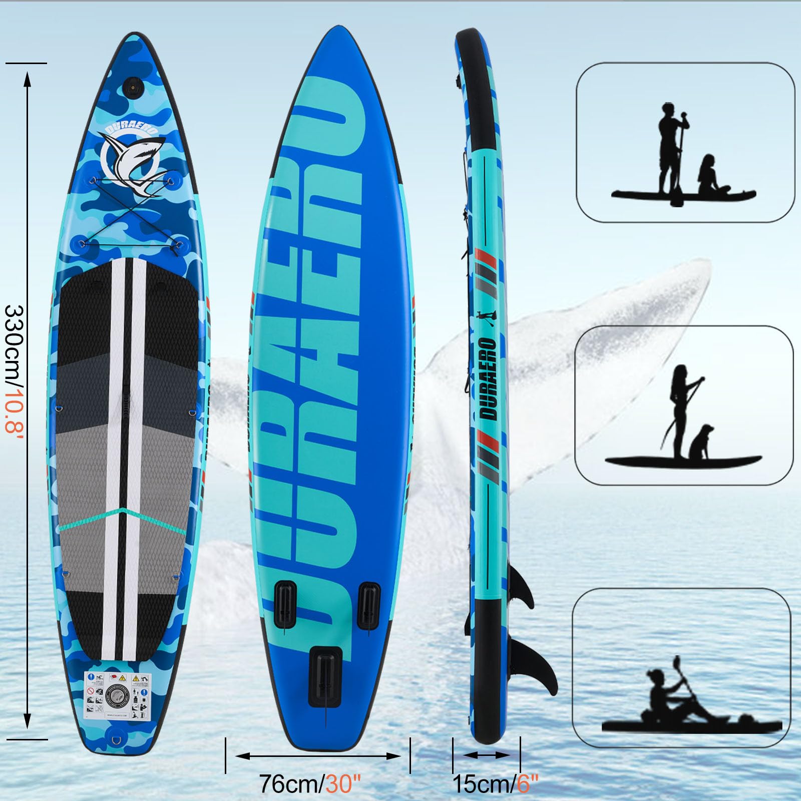 Stand up Paddling Board Aufblasbare, Kajak Sitz,330x76x15cm, Tragkraft bis 150Kg, Cam Halterung,Integrierte Kick-Pad, 3 Finnen, Verstellbares Doppel-Paddel, Komplettes Zubehör, Blaues Camouflage