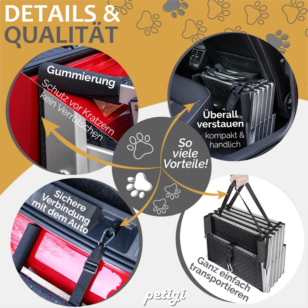 Petigi Sélection de rampes pour Chiens pour Voitures, Aluminium, escaliers pour Chiens, SUV, antidérapantes, capacité de Charge 70 kg, 90 kg ou 150 kg